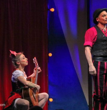 Die GOP-Show „La luna“ ist ein kurzweiliges Vergnügen Eine Frau sitzt und hat eine Gitarre im Schoß, daneben steht ein Mann mit Zylinder