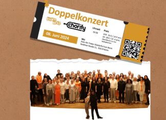 auf einer Pinwand ist eine Konzertkarte für das Doppelkonzert von Right Here und Chorify angepinnt, darunter ein gemeinsames Bild der beiden Chöre