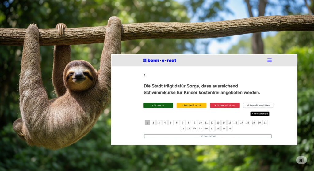 Fotorealistisches KI-Bild eines Faultiers an einem Ast hängend. Daneben ein Screenshot des Bonn-o-mat mit einer Frage und den vier Buttons zur Abstimmung.