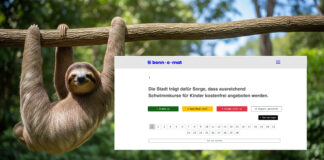 Fotorealistisches KI-Bild eines Faultiers an einem Ast hängend. Daneben ein Screenshot des Bonn-o-mat mit einer Frage und den vier Buttons zur Abstimmung.