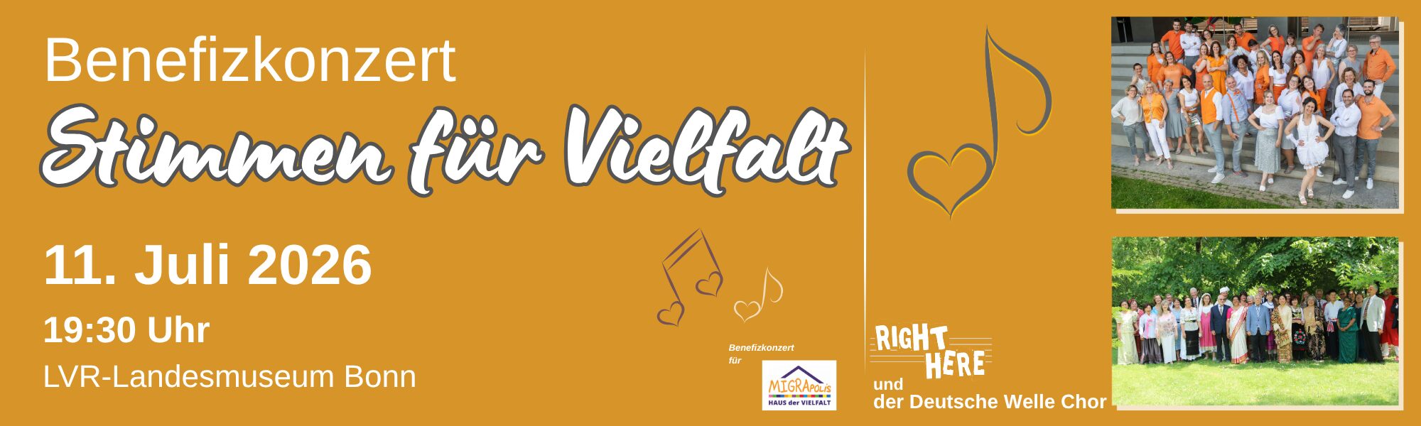 Banner mit der Aufschrift: Benefizkonzert „Stimmen für Vielfalt“, 11. Juli 2026, 19:30 Uhr, LVR-Landesmuseum Bonn