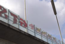 Ein Farbfoto der Vorlandbrücke der Bonner Nordbrücke respektive Friedrich-Ebert-Brücke. Man sieht die Bettonbrücke und darauf eine durchsichtige Absperrung bzw. Lärmschutzwand, welche mit Grafitti beschmiert ist.