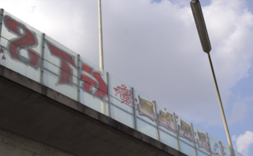 Ein Farbfoto der Vorlandbrücke der Bonner Nordbrücke respektive Friedrich-Ebert-Brücke. Man sieht die Bettonbrücke und darauf eine durchsichtige Absperrung bzw. Lärmschutzwand, welche mit Grafitti beschmiert ist.